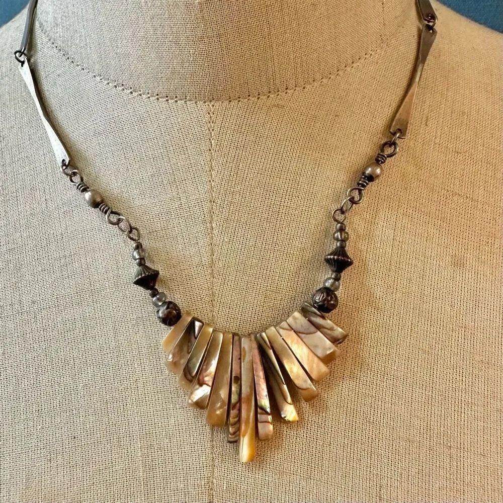 Vintage Silver Tone Abalone Shell Fringe Necklace